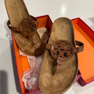 Tory Burch Brown Leather Logo Thong Sandals